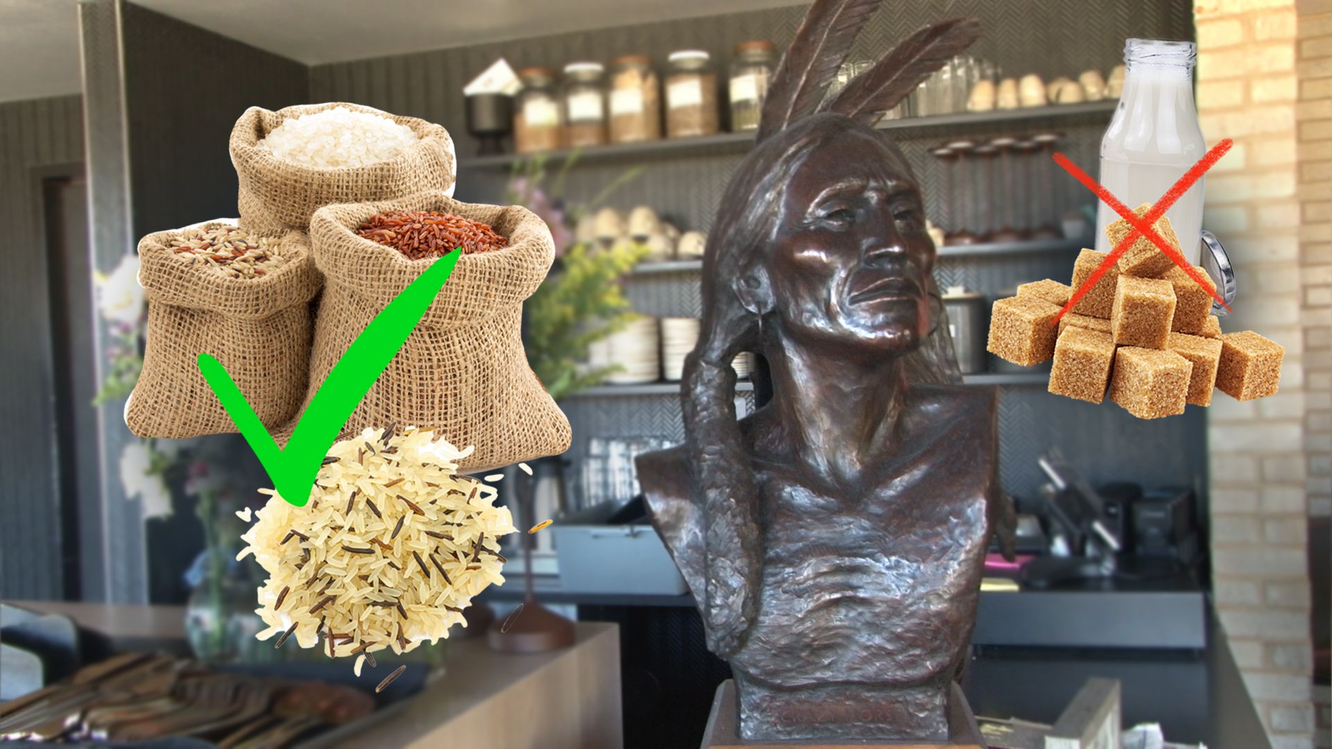resultadosagora - A bronze bust of an Indigenous American figure sits in a kitchen, overlaid with sacks of rice marked with a green check and milk with sugar cubes crossed out.